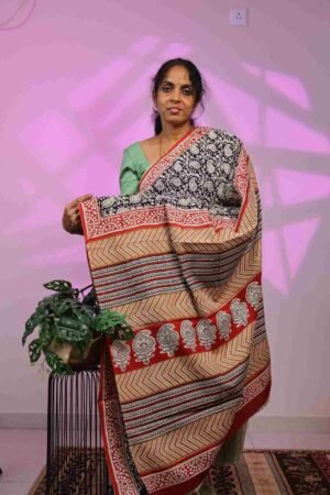 Mul Cotton - Mango Motif in Black with orange Border
