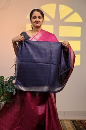 Semi Tussar Zari Checks - Pink with Blue