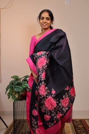 Pure Handloom BishnuPuri Black with Pink Floral designs