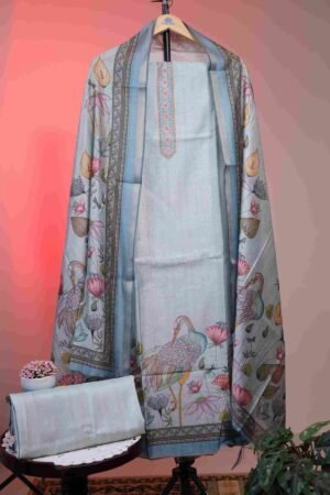 Semi Tussar with Prints - Powder Blue