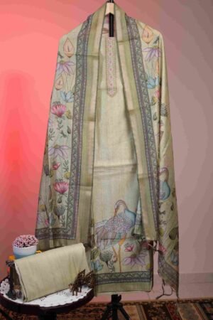 Semi Tussar with Prints - Light Golden Colour