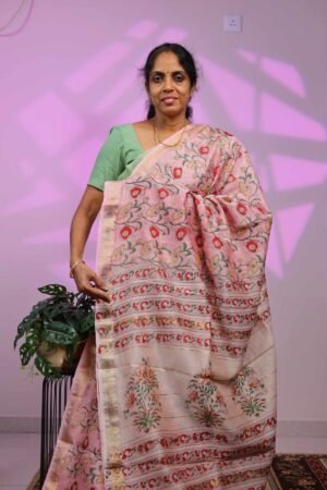 Maheswari Silk Saree - Peach Pink With Floral Design