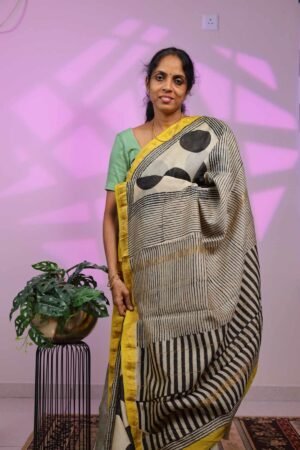 Maheswari Silk - Big Black Polka Dots with Yellow Border