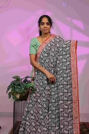 Mul Cotton - Mango Motif in Black with orange Border