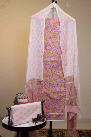 Cotton Salwar with Chiffon Dupatta - Pink with Yellow Floral Motifs