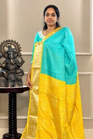 Mangalagiri Saree - Green with Yellow Zari Border