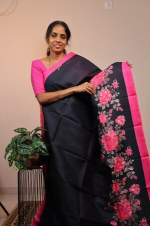 Pure Handloom BishnuPuri Black with Pink Floral designs