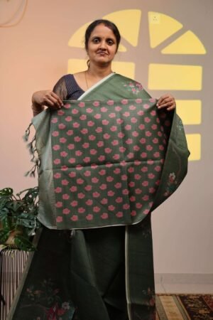 Semi Tussar Floral Digital Print - Green
