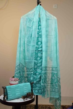 Cotton Salwar with Chiffon Dupatta - Deep Sea Green base with White and Mint Green Floral block prints.
