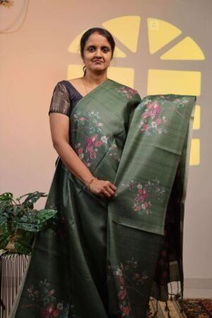 Semi Tussar Floral Digital Print - Green