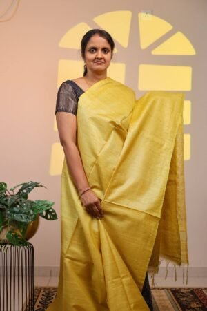 Moonga Silk Weave - Yellow with Sequence work , Weaved Pallu