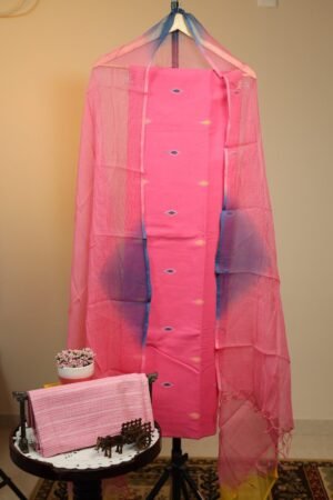 Handloom Ikkat Cotton with Kota Doriya Dupatta - Peech Pink