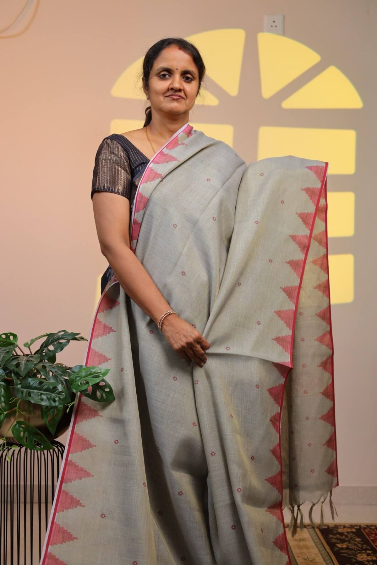 Semi Linen Tissue - Elegant Sage Grey Saree with Crimson Temple Border