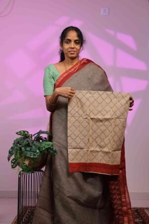 Kota Saree -Black Stripes with Leaf Motif in  Red Border