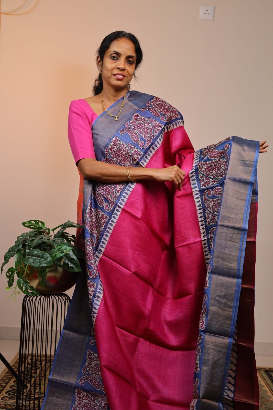 Pure Handloom Tussar Pink with Blue Zari border