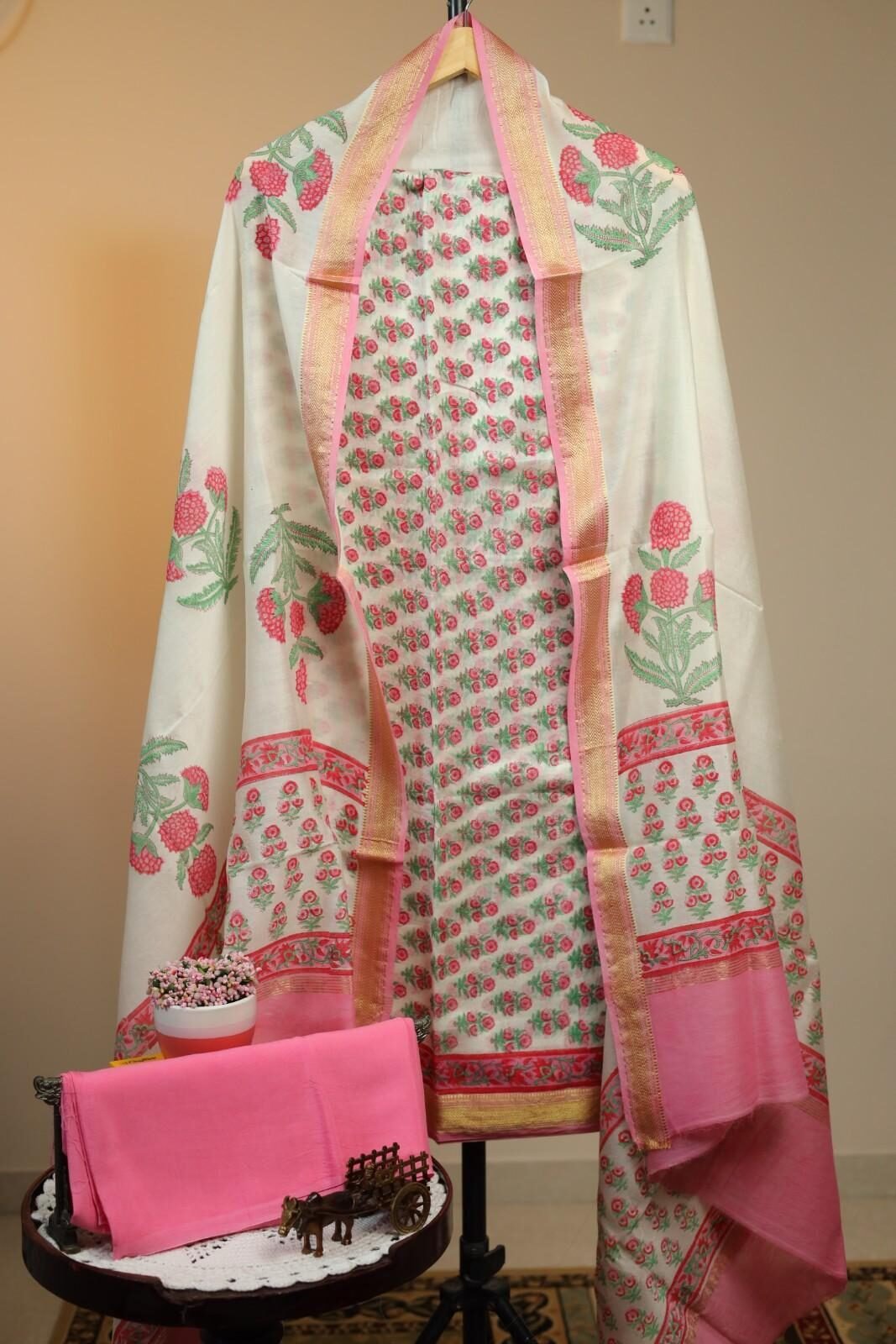 Maheswari Silk Unstitched Salwar - Sandal with Pink