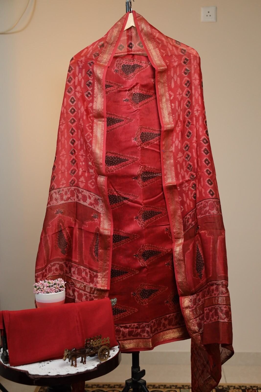 Maheswari Silk Unstitched Salwar - Brick colour