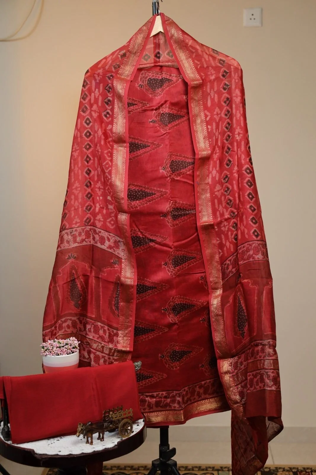 Maheswari Silk Unstitched Salwar - Brick colour