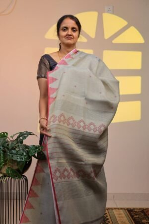 Semi Linen Tissue - Elegant Sage Grey Saree with Crimson Temple Border