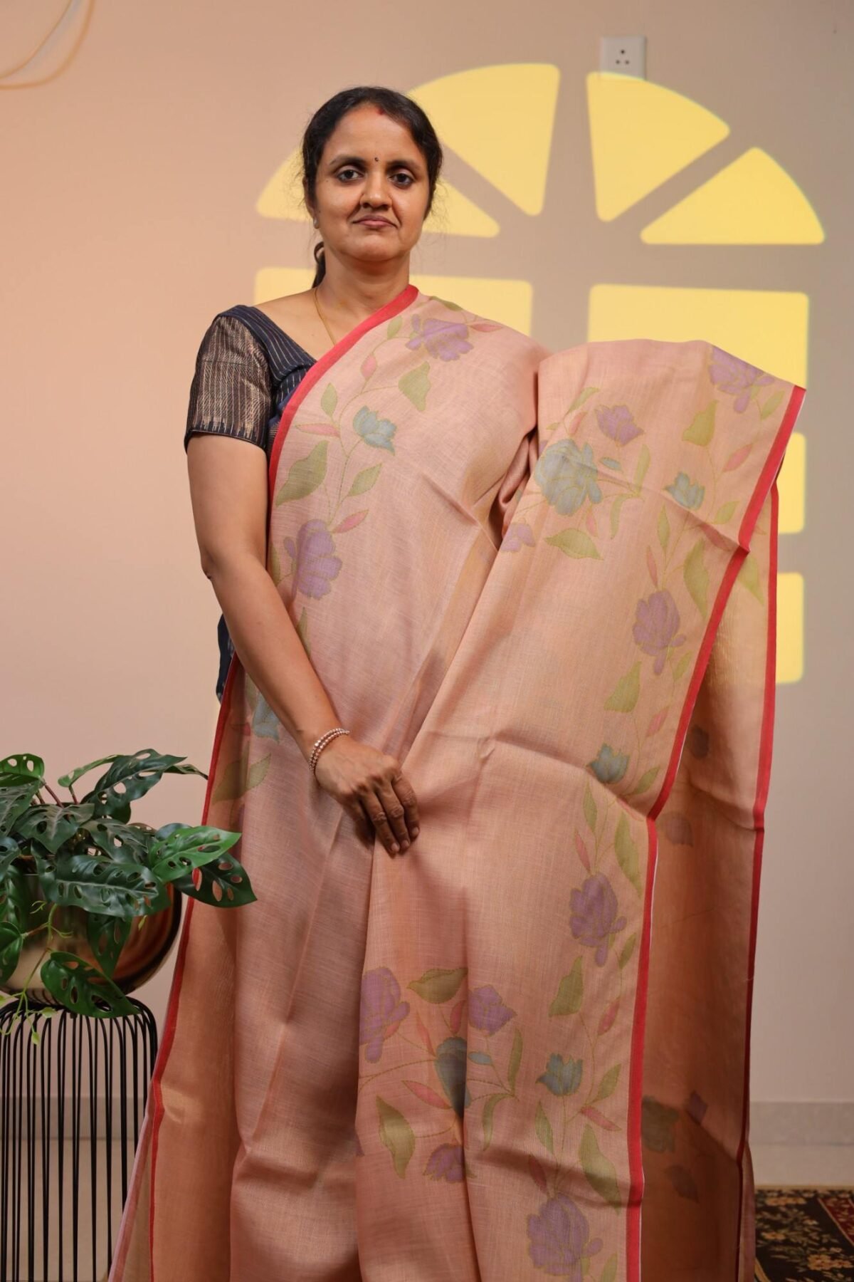 Semi Linen Tissue Saree - Blush Peach Floral in Red Border