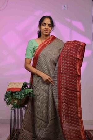 Kota Saree -Black Stripes with Leaf Motif in  Red Border