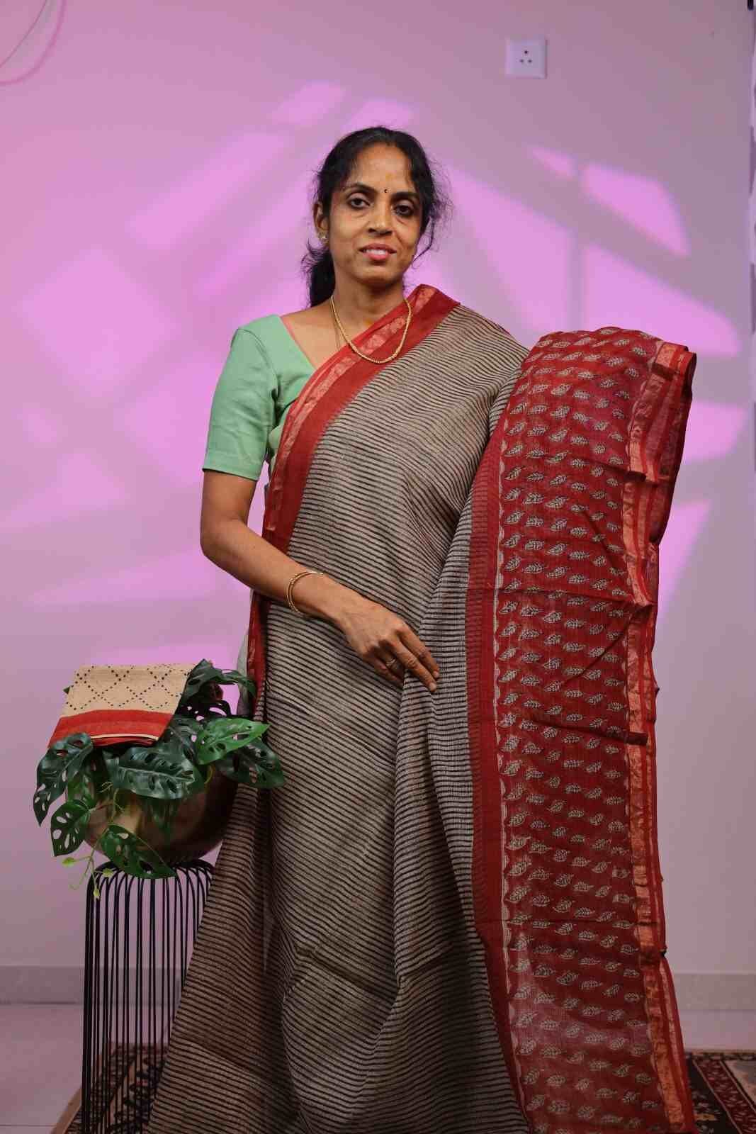 Kota Saree -Black Stripes with Leaf Motif in  Red Border