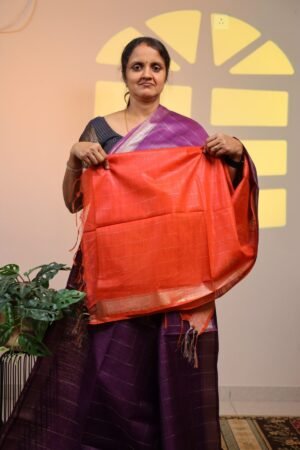 Semi Tussar Zari Checks -  Magenta with Orange