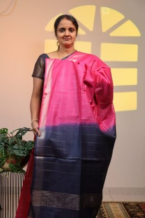 Semi Tussar Zari Checks - Lotus Pink with Blue