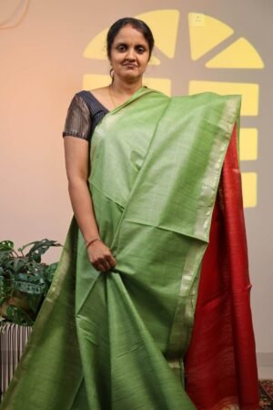 Semi Tussar Zari Checks - Green with Orange
