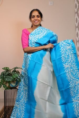 Pure Handloom Bishupuri Half White with Sky Blue