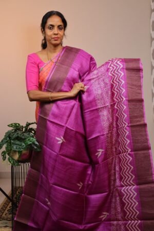 Pure Handloom Tussar with Magenta Pink Zari Border