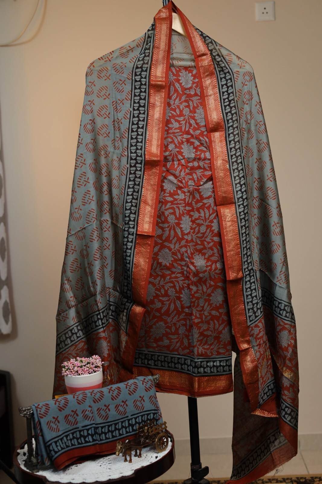 Maheswari Silk Unstitched Salwar - Brick