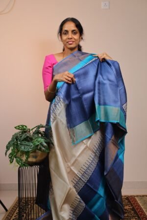 Pure Handloom Tussar Half White with Shades of Blue Zari border