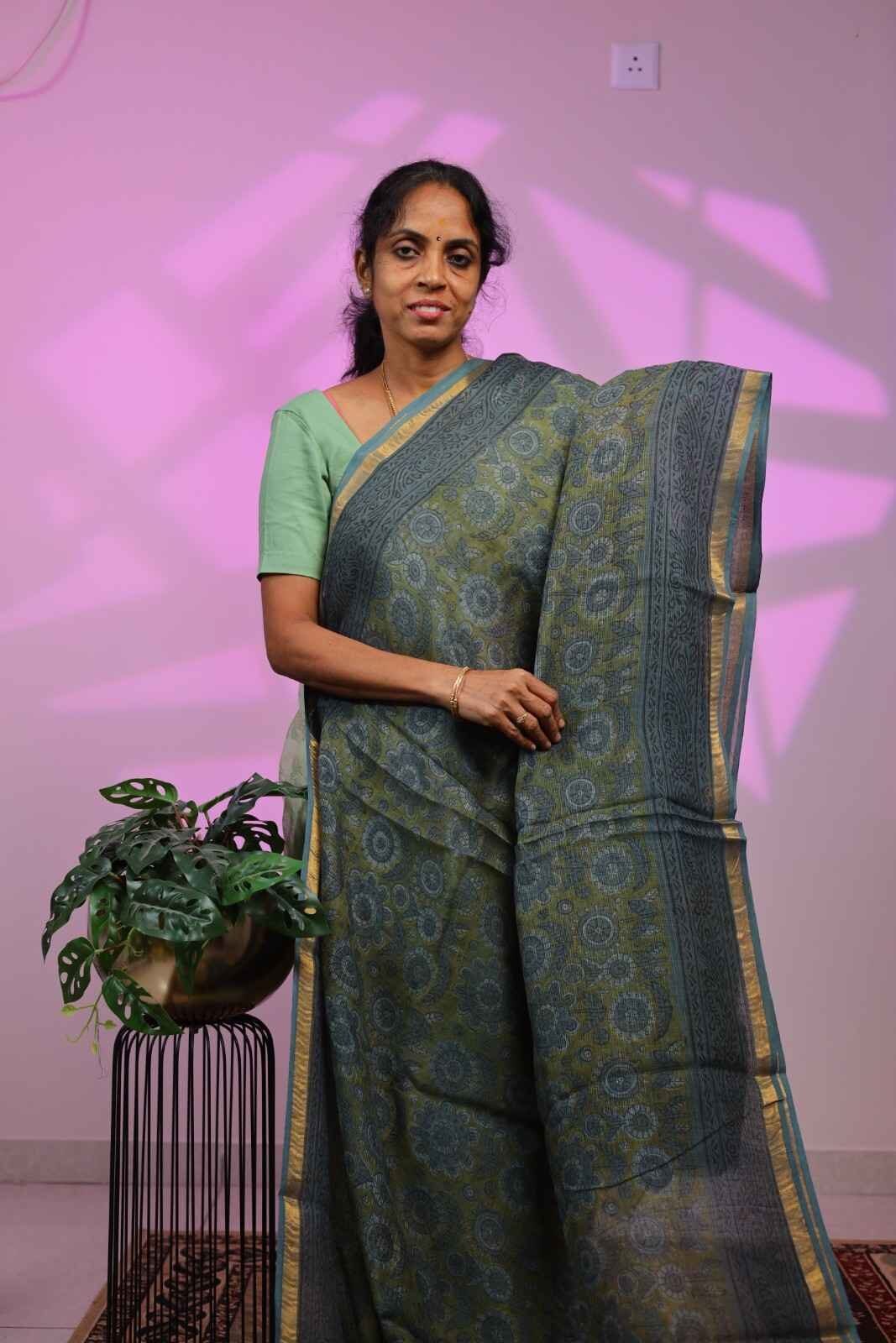 Kota Saree - Dark Green with Liril Green Design