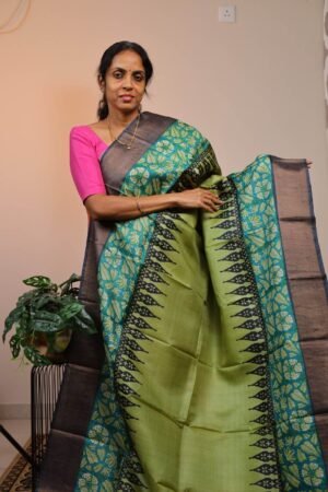Pure Handloom Tussar Dark Pista Green with Black Zari border