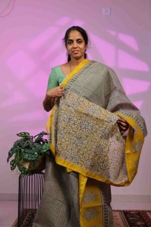 Kota Saree - Black Striped  Checks with Big Yellow Border