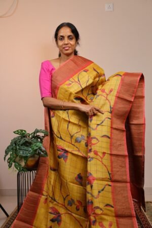 Pure Handloom Tussar  Zari Checks Yellow with Orange Border