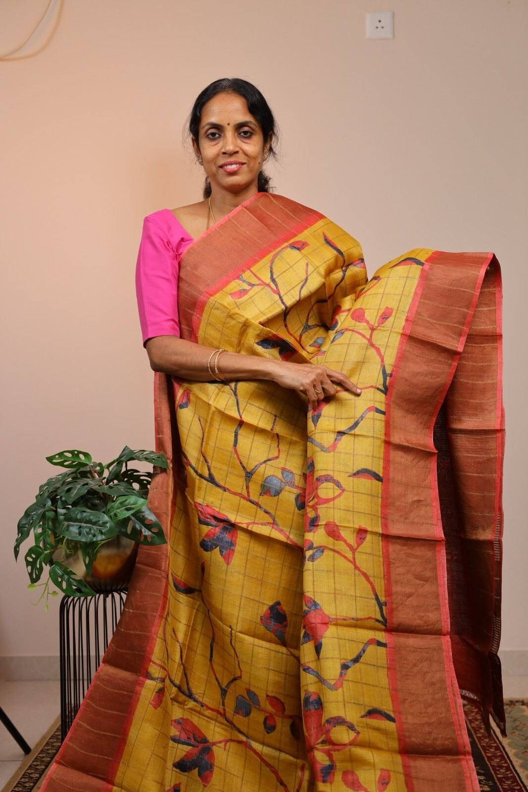 Pure Handloom Tussar  Zari Checks Yellow with Orange Border