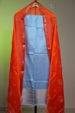 Mangalgiri Big Border Sky Blue with Orange Dupatta