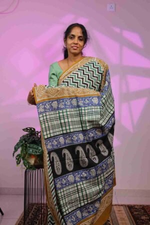 Mul Cotton - Black and Green Zig Zag with Mustard Border
