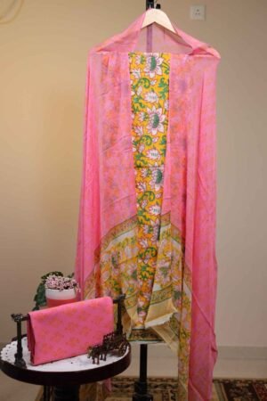 Cotton Salwar with Chiffon Dupatta - Yellow with White Floral Motifs