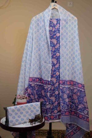 Cotton Salwar with Cotton Dupatta - Blue with Floral Motifs