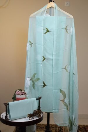 Cotton Salwar with Cotton Dupatta - Light Ice Blue with Olive Green Leaf Motifs painted