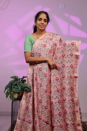 Maheswari Silk Saree - Peach Pink With Floral Design