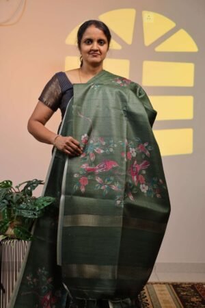 Semi Tussar Floral Digital Print - Green