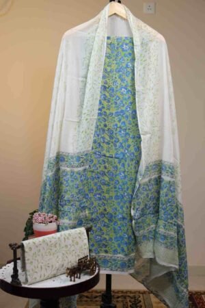 Cotton Salwar with Chiffon Dupatta - Light Lime Green base decorated with Blue Floral and Leaf block prints.