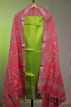 Mangalgiri Big Border Grass Green with Peach Pink Dupatta