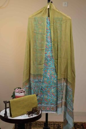 Cotton Salwar with Cotton Dupatta - Bright Cyan Blue base with Leaf prints in Pink, Yellow, and Green.