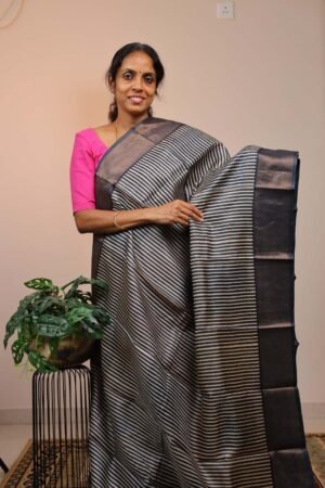 Pure Handloom Tussar Half & Half with Black stripes and Squares