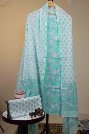Cotton Salwar with Cotton Dupatta - Bright Mint Green base with intricate White and Light Grey floral block prints.